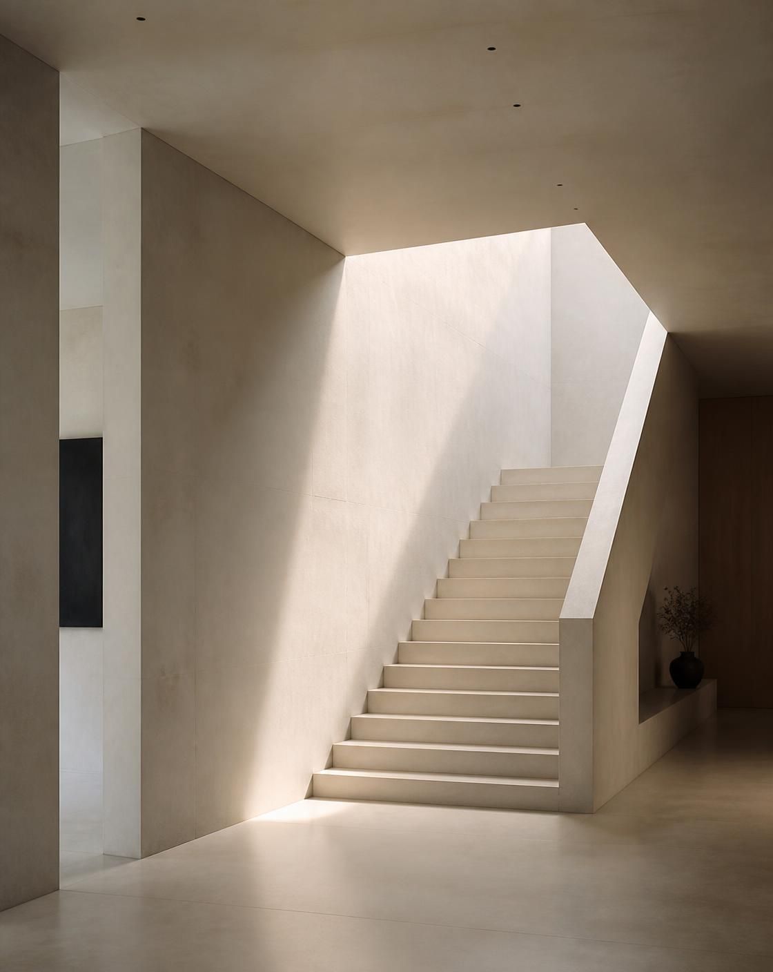 Minimal modern architectural interior with natural light across a pale stone staircase