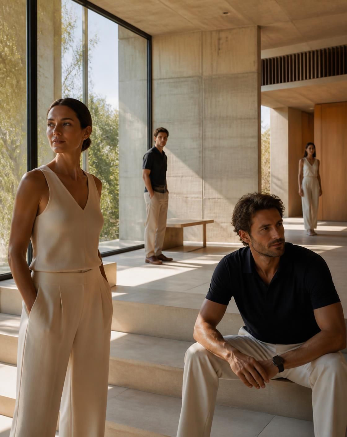 Healthy professionals in a bright modern architectural wellness space