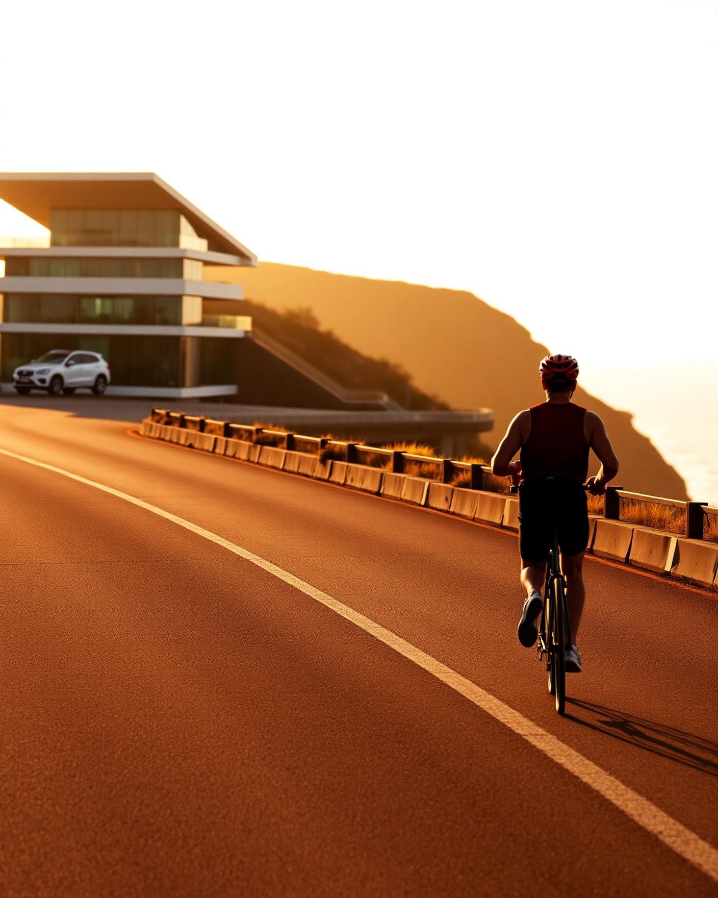 Endurance cyclist on an open coastal road at golden hour