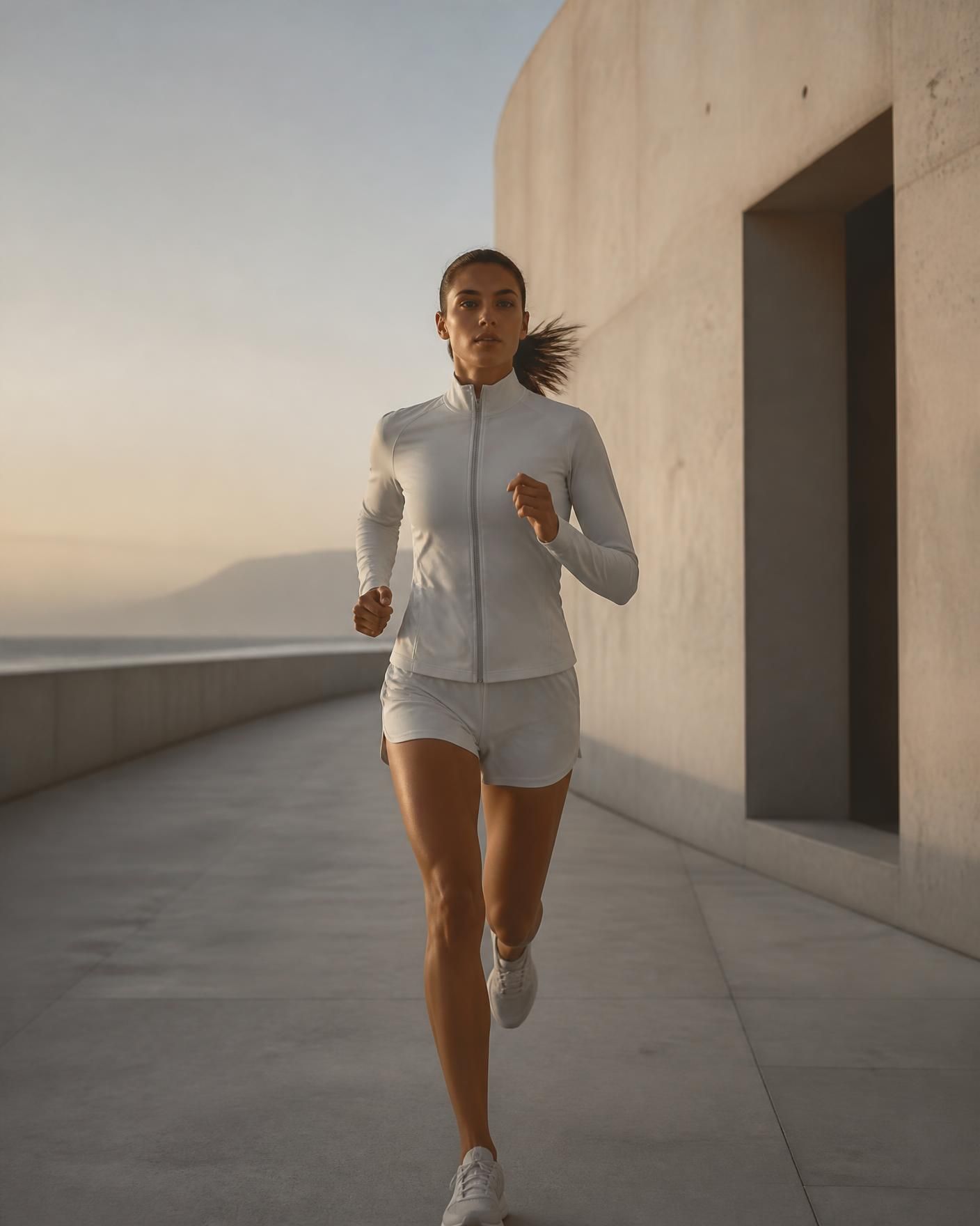 Runner at dawn beside modern architecture