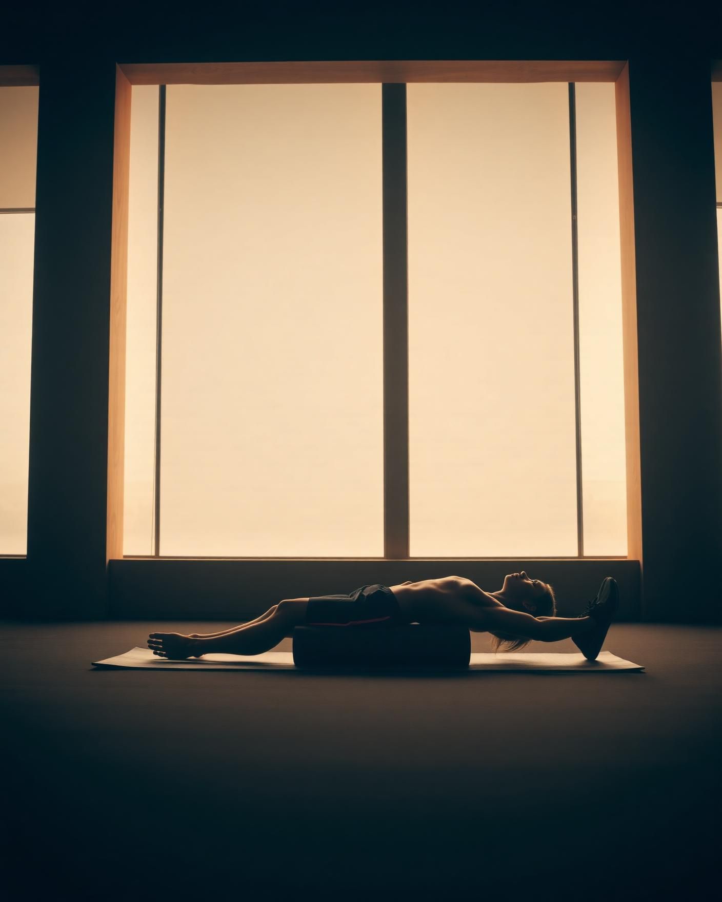 Athlete in a minimalist recovery studio at first light
