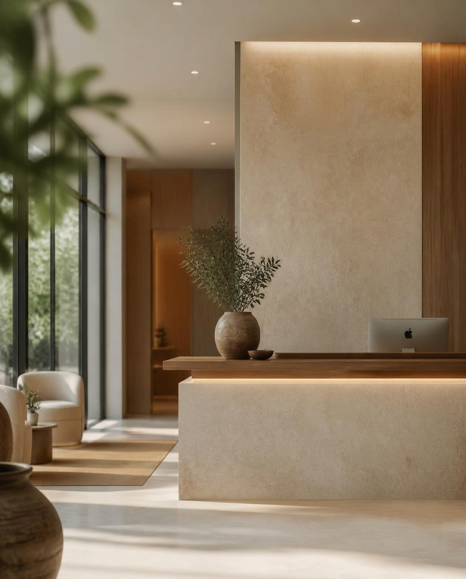 Reception of a modern luxury wellness clinic in natural daylight