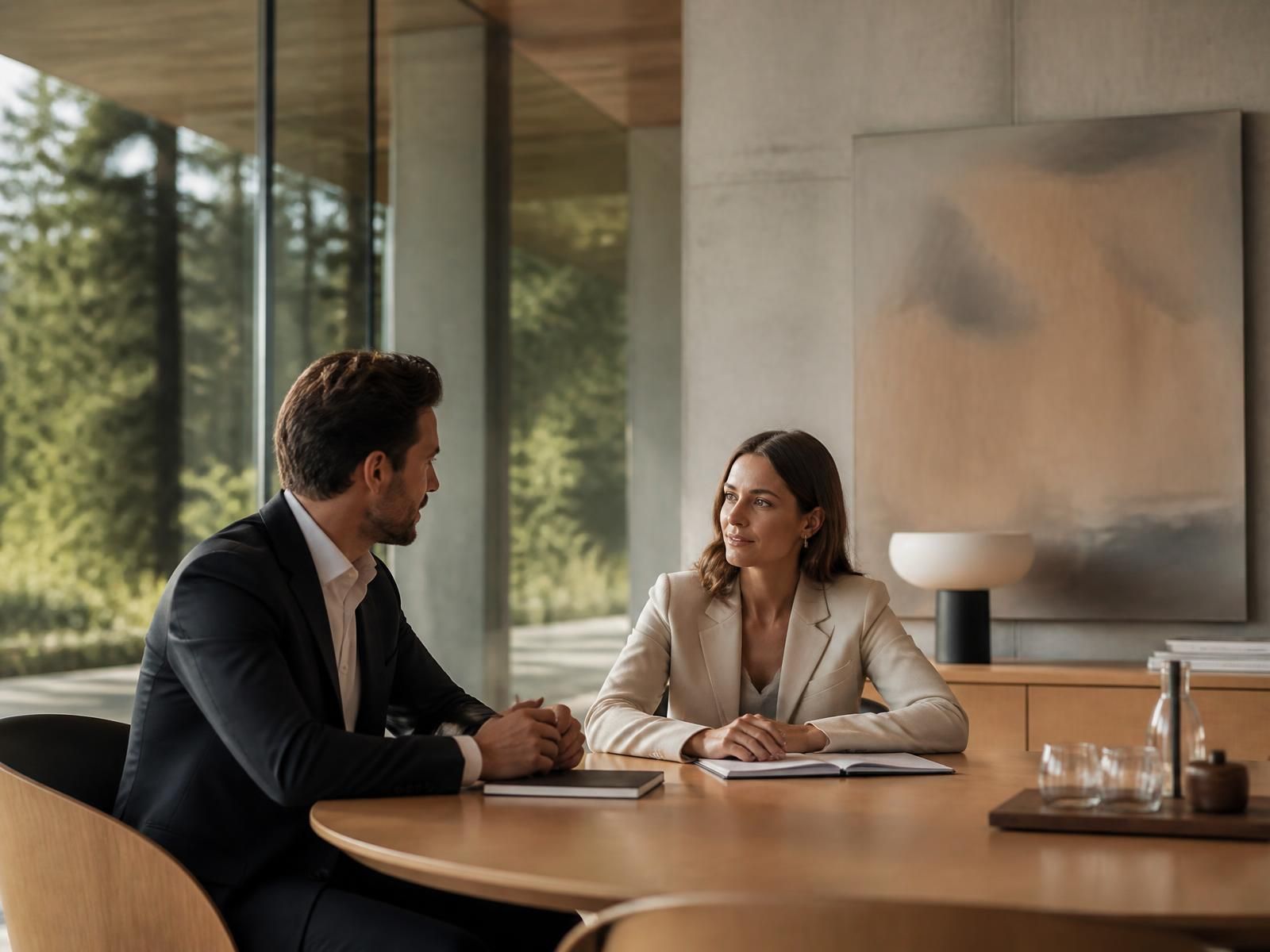 Two professionals in conversation across a table in a contemporary architectural interior